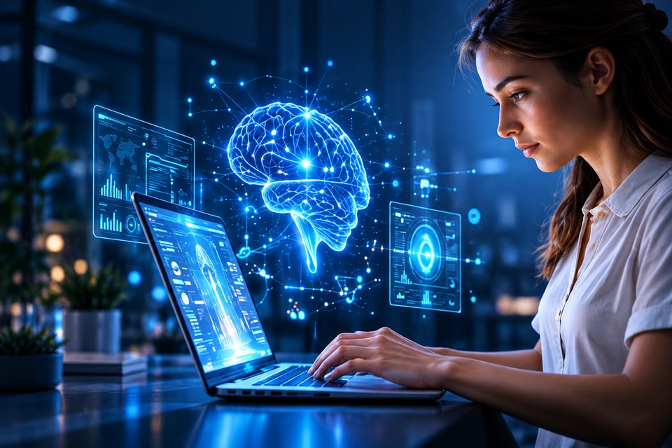 Capacitación online en inteligencia artificial con una persona aprendiendo frente a una computadora