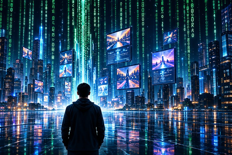 Una persona frente a una ciudad digital con interfaces de inteligencia artificial y código estilo Matrix