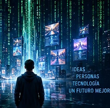 Una persona frente a una ciudad digital con interfaces de inteligencia artificial y código estilo Matrix