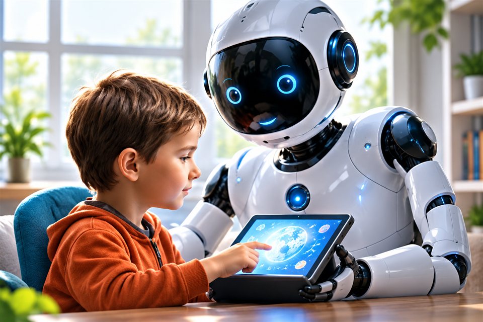 Niño interactuando con un robot de apoyo